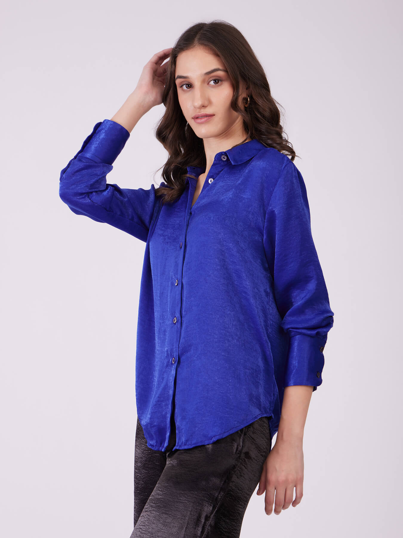 Satin Collared Neck Shirt - Royal Blue