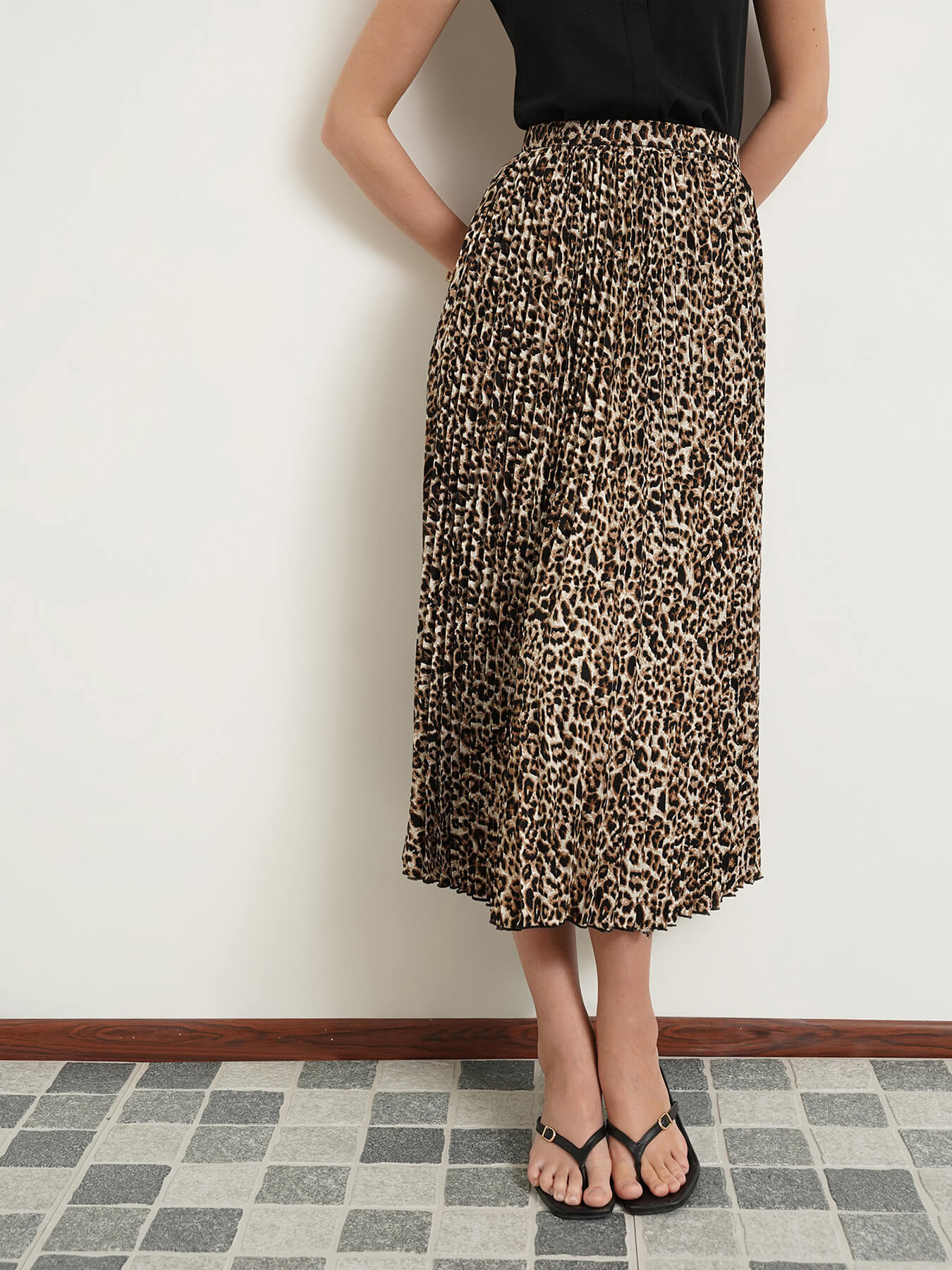 Pleated Flared Animal Print Midi Skirt - Brown
