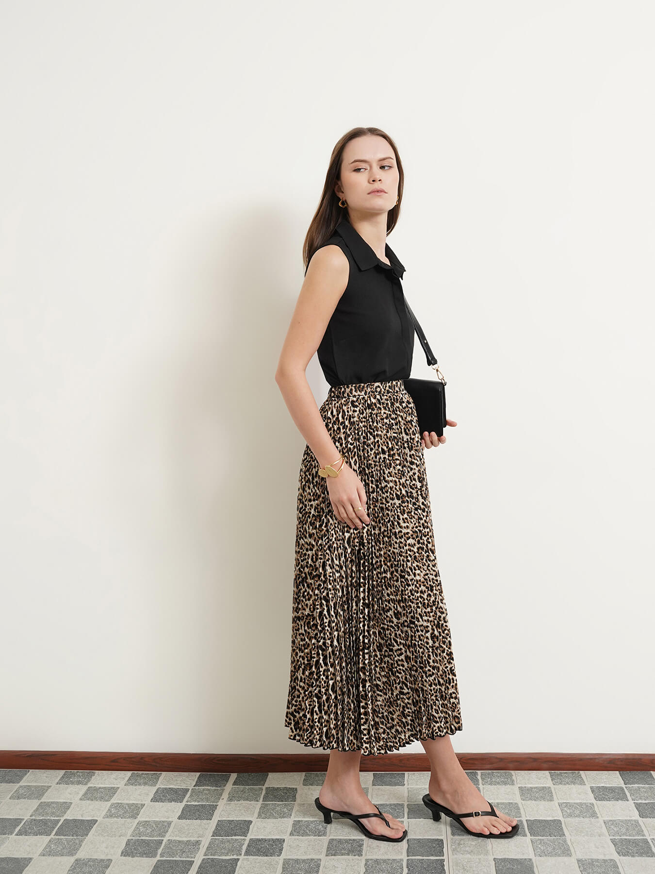 Pleated Flared Animal Print Midi Skirt - Brown