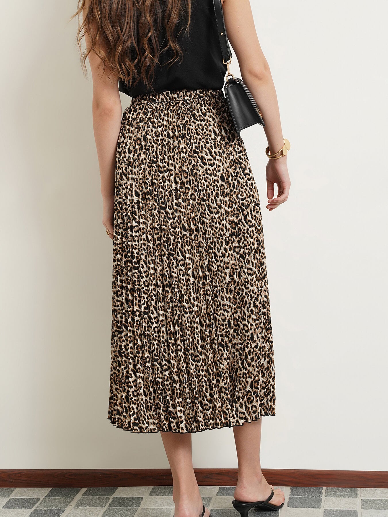 Pleated Flared Animal Print Midi Skirt - Brown