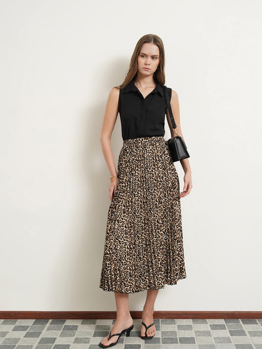 Pleated Flared Animal Print Midi Skirt - Brown