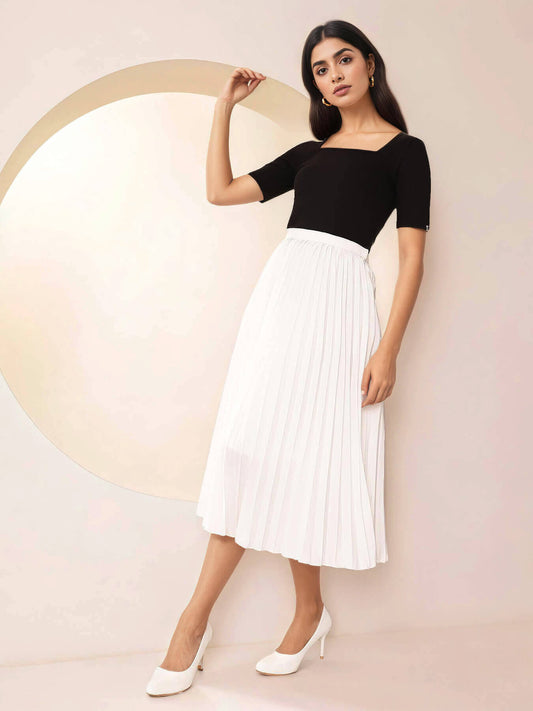 Pleated Flared Midi Skirt - White