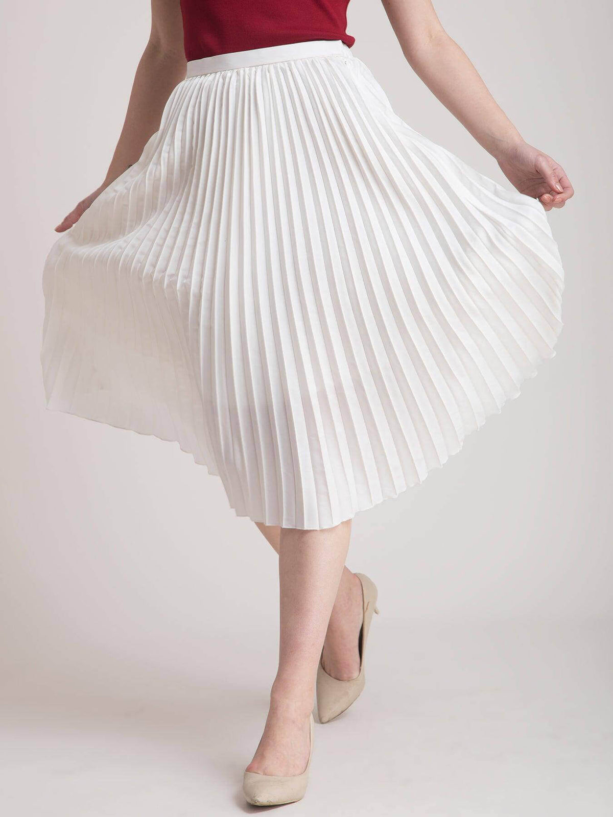 Pleated Flared Midi Skirt - White