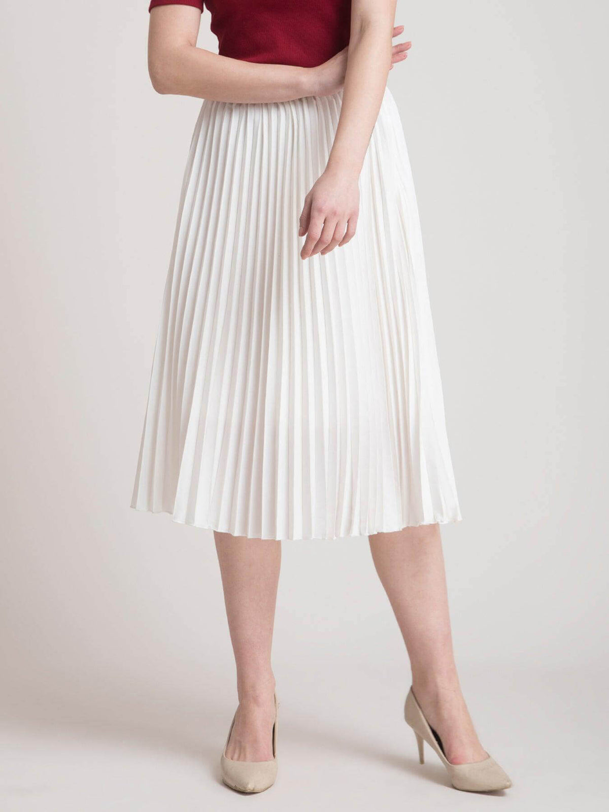 Pleated Flared Midi Skirt - White