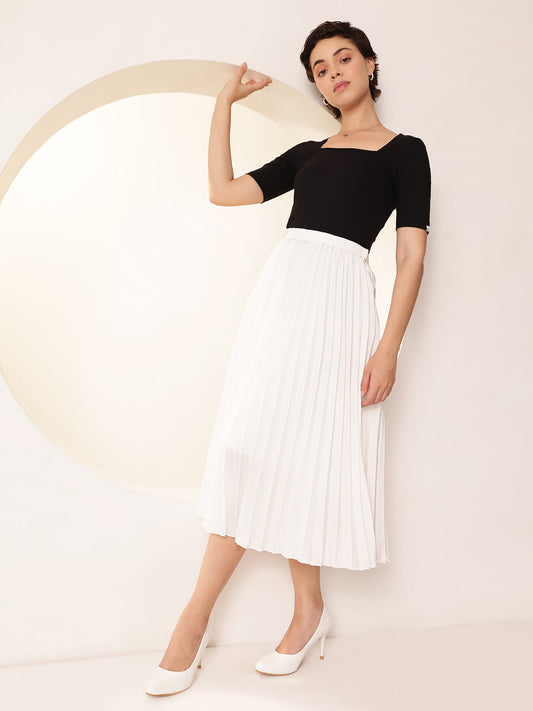 Pleated Flared Midi Skirt - White