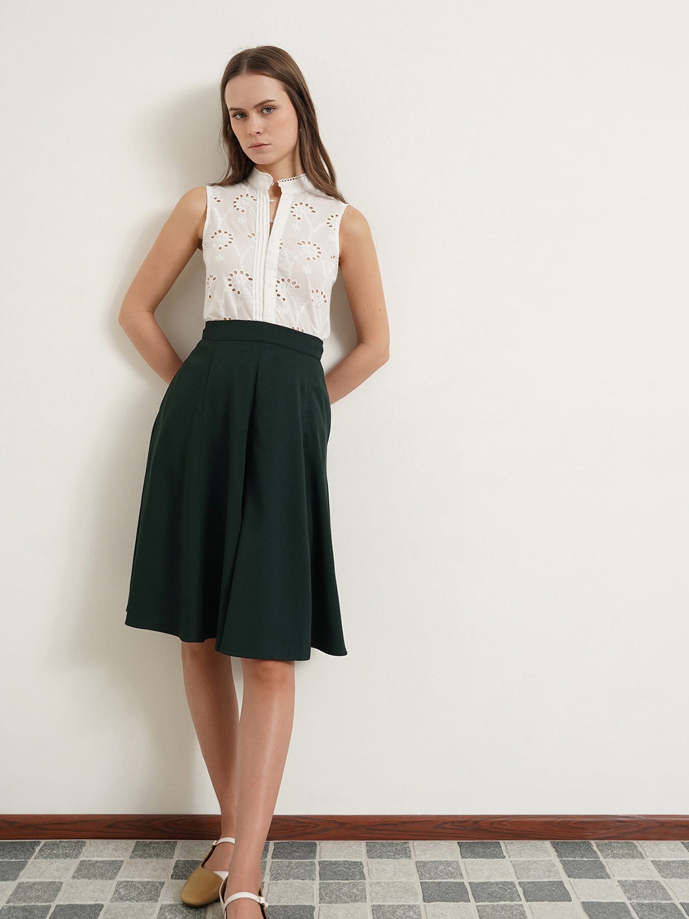 Flared Skort With Panel Detail - Green