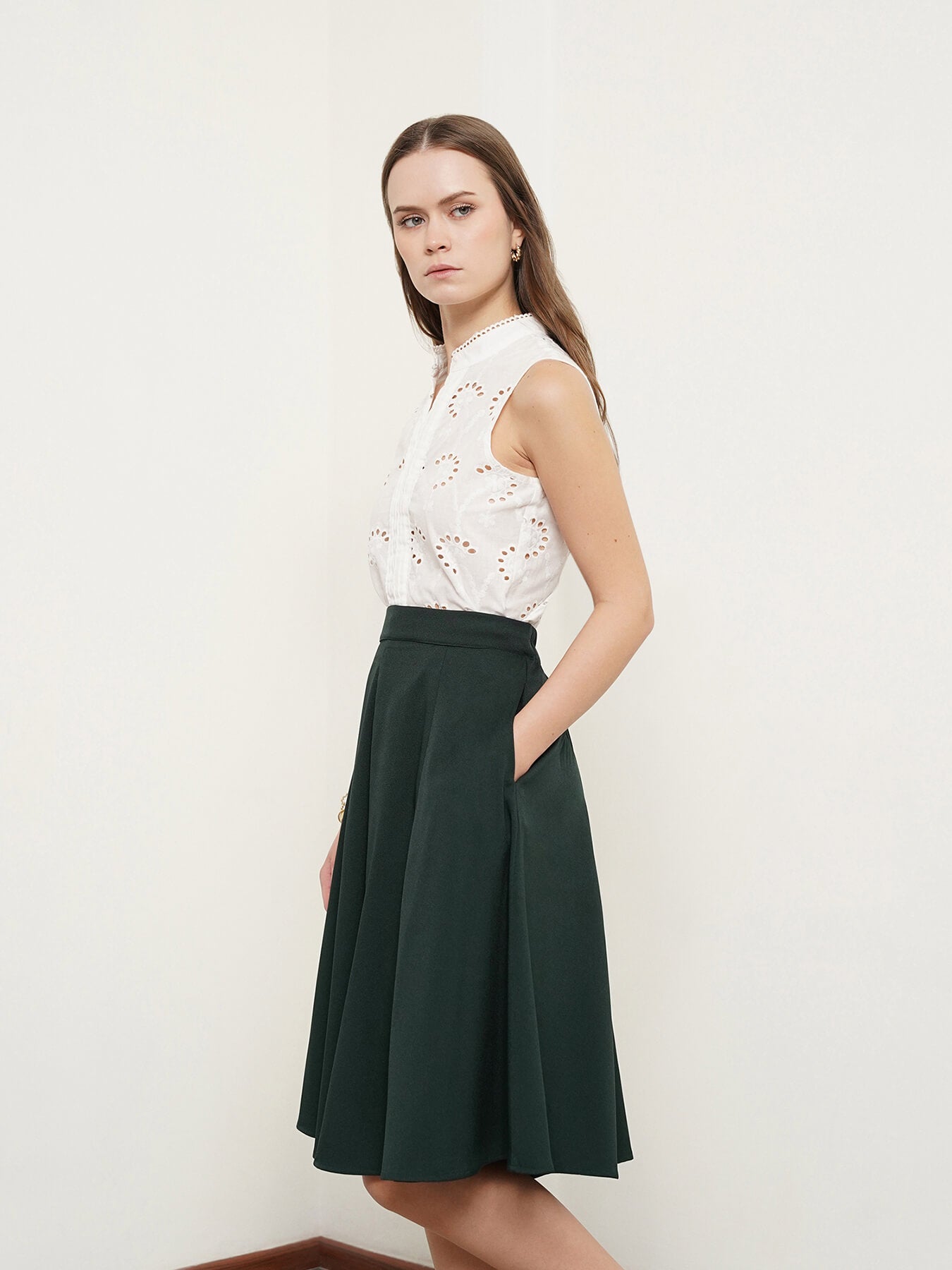 Flared Skort With Panel Detail - Green