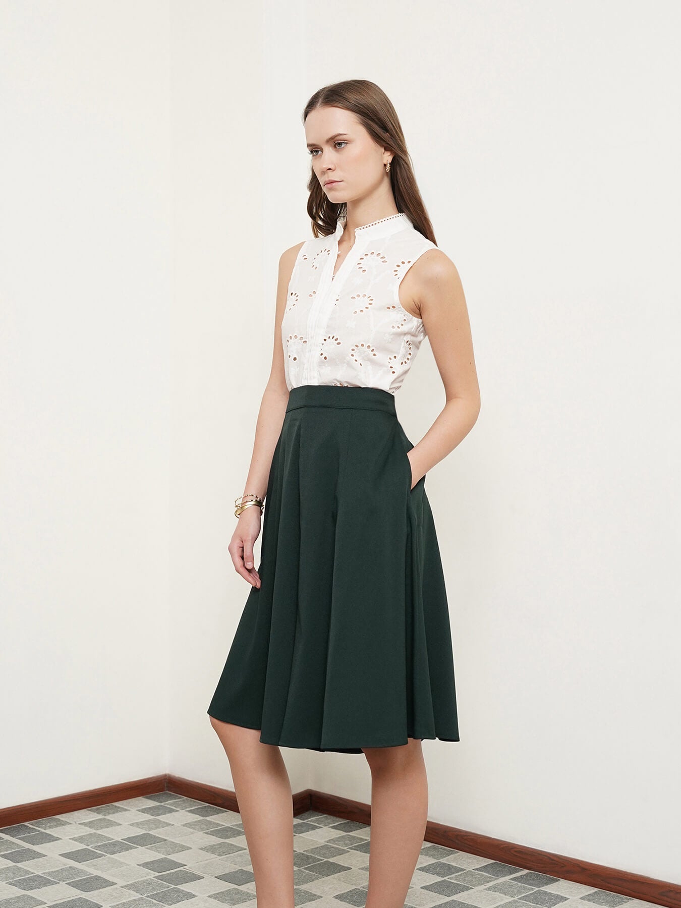Flared Skort With Panel Detail - Green