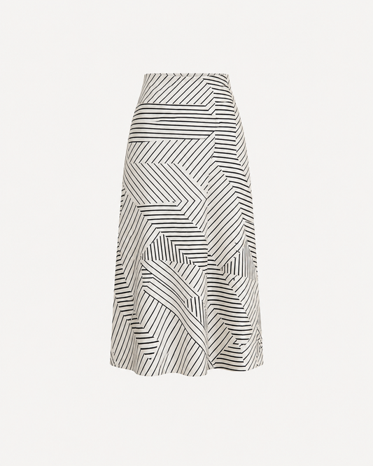 Satin Abstract Print Midi Skirt - White