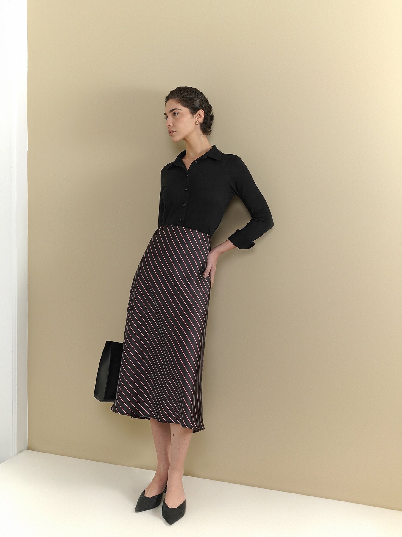 Satin Striped Flared Skirt - Black