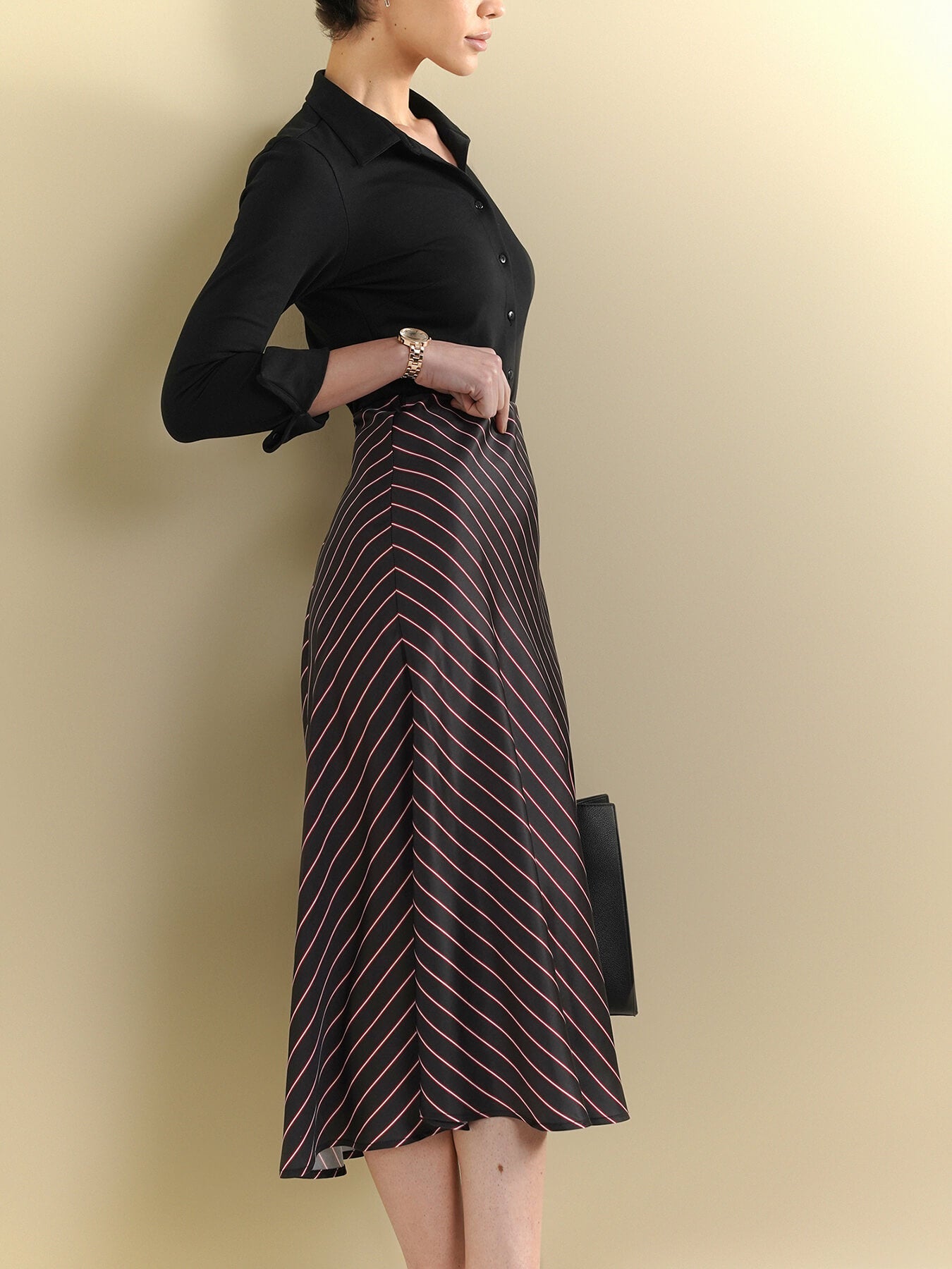Satin Striped Flared Skirt - Black