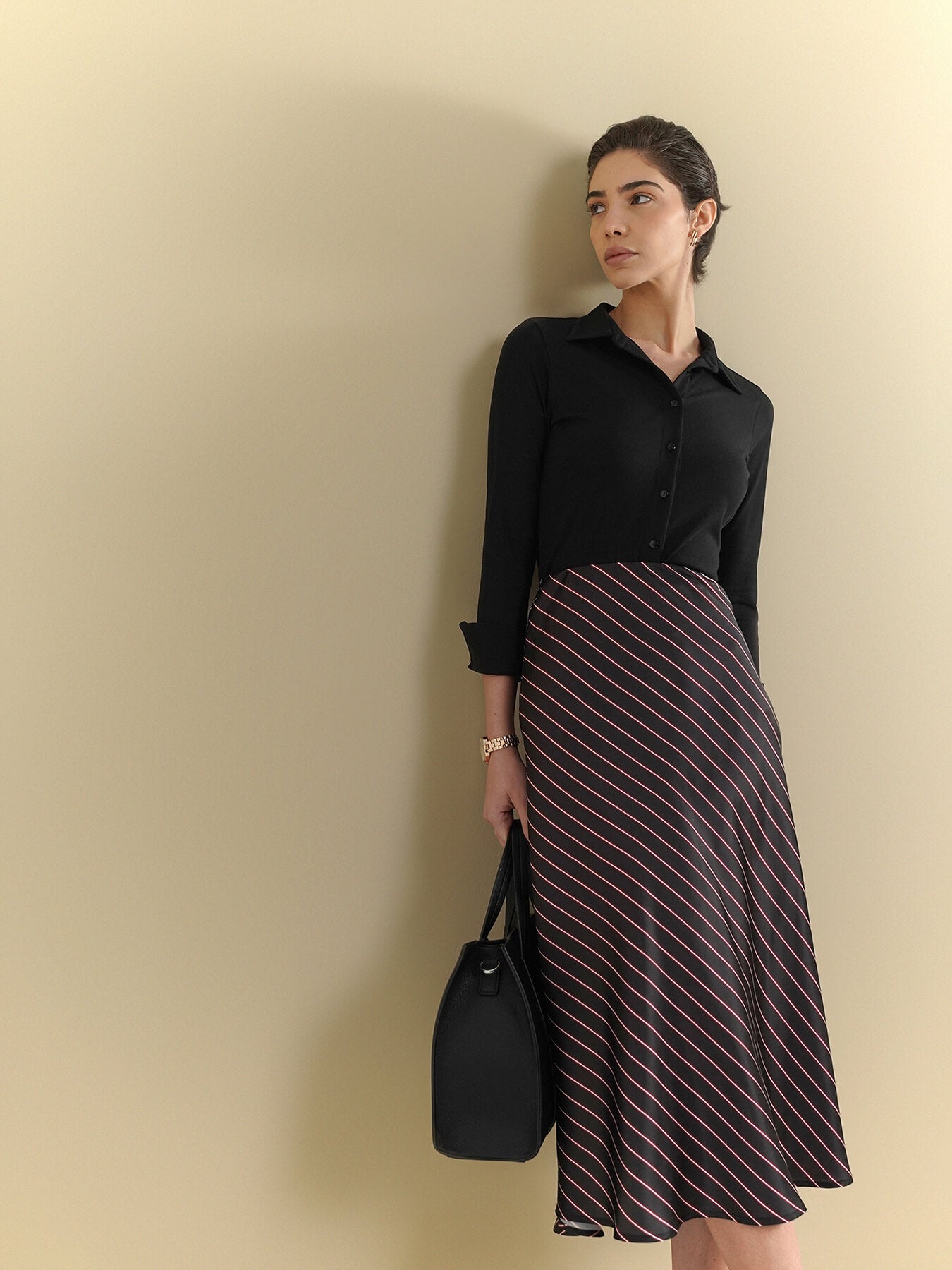 Satin Striped Flared Skirt - Black