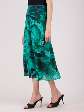 Marble Print A-line Elasticated Skirt - Green