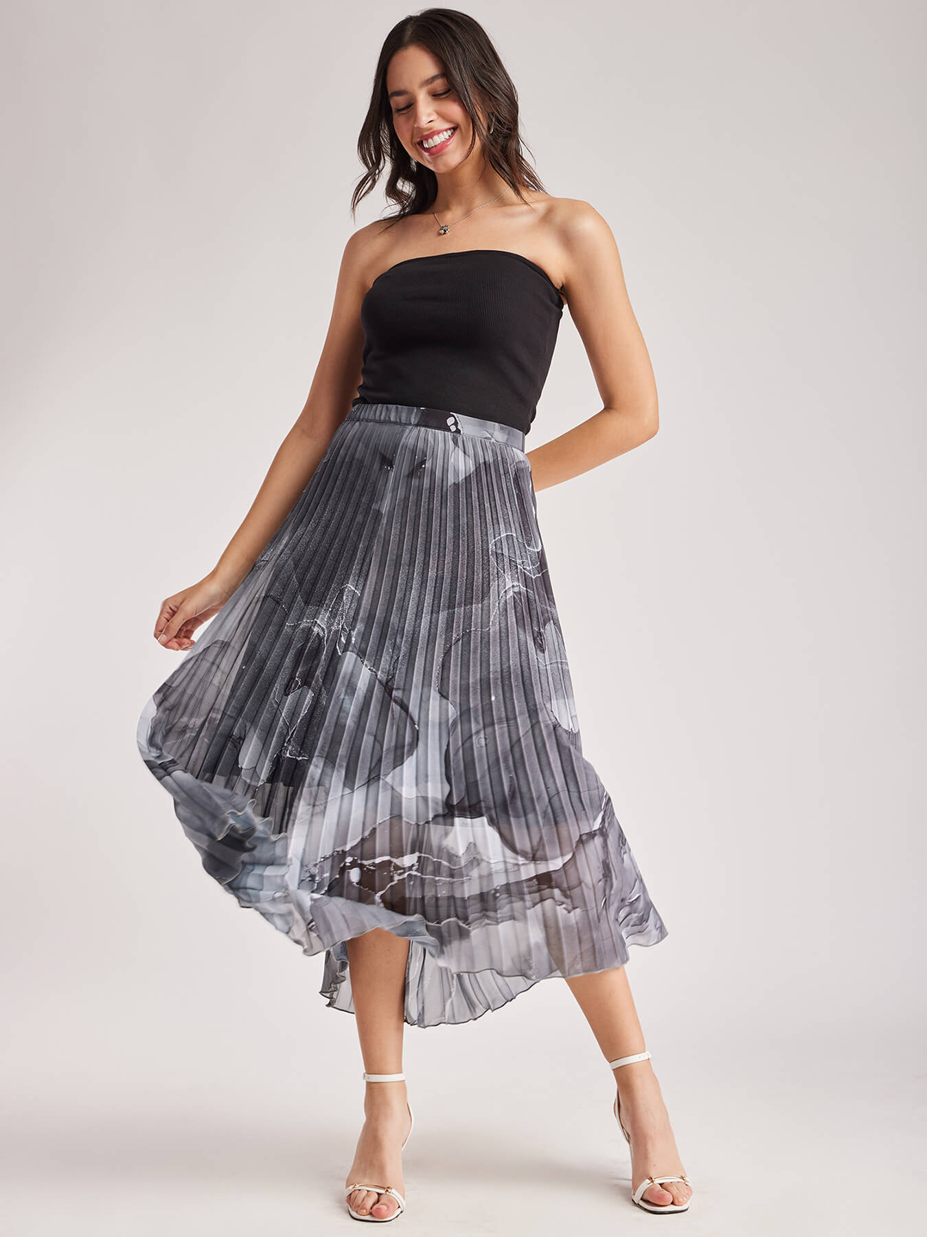 Marble Print Pleated Skirt - Black And White