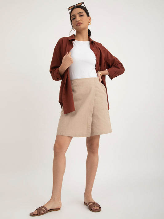 Linen Front Overlap Panel Skort - Beige