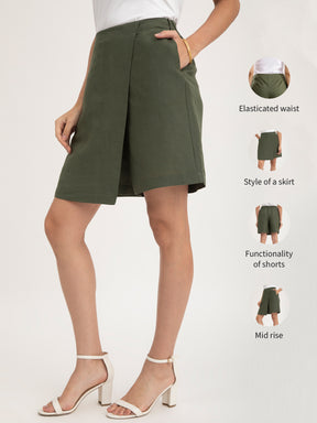 Linen Front Overlap Panel Skort - Olive