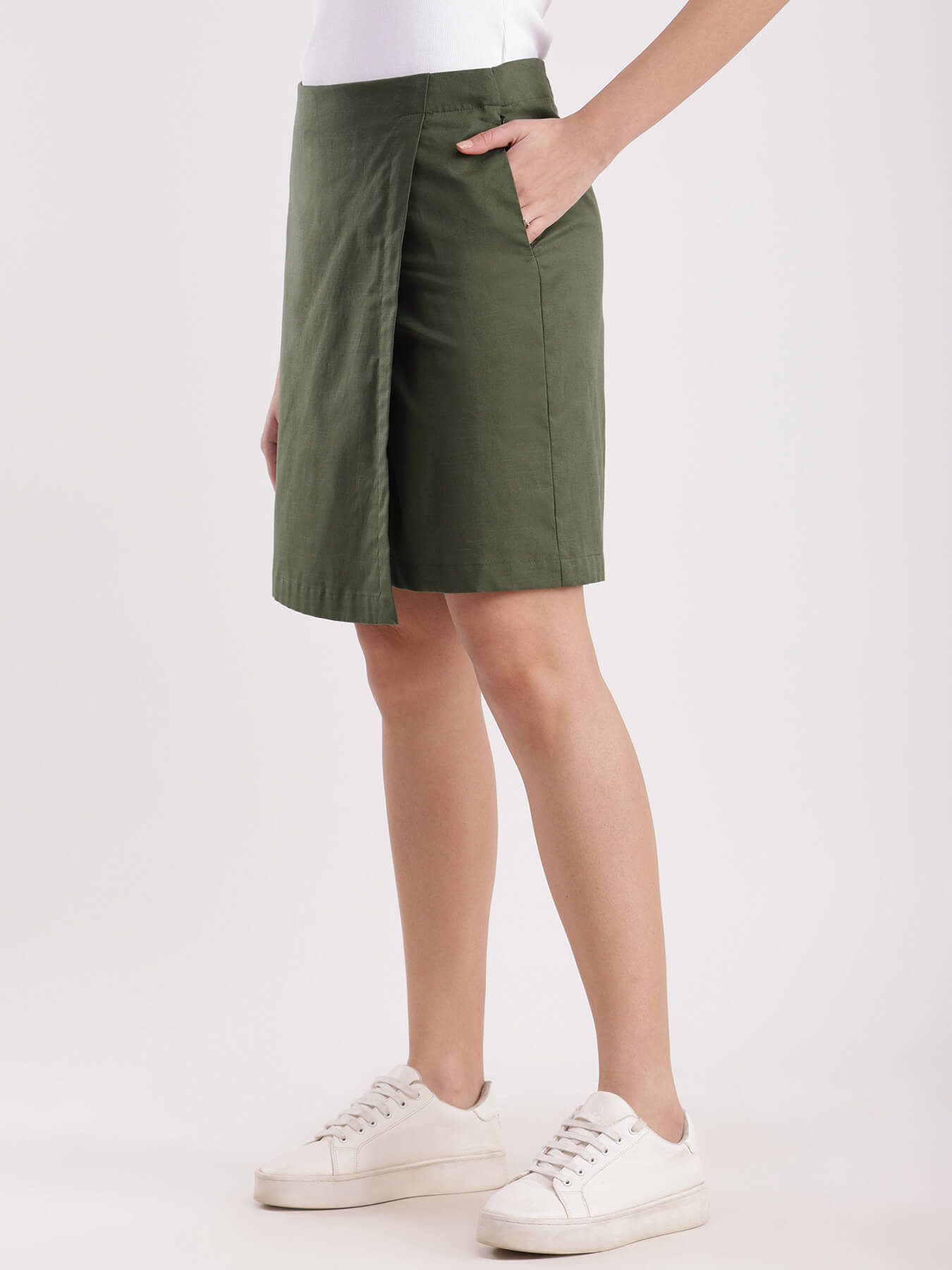 Cotton Front Overlap Panel Skort - Olive