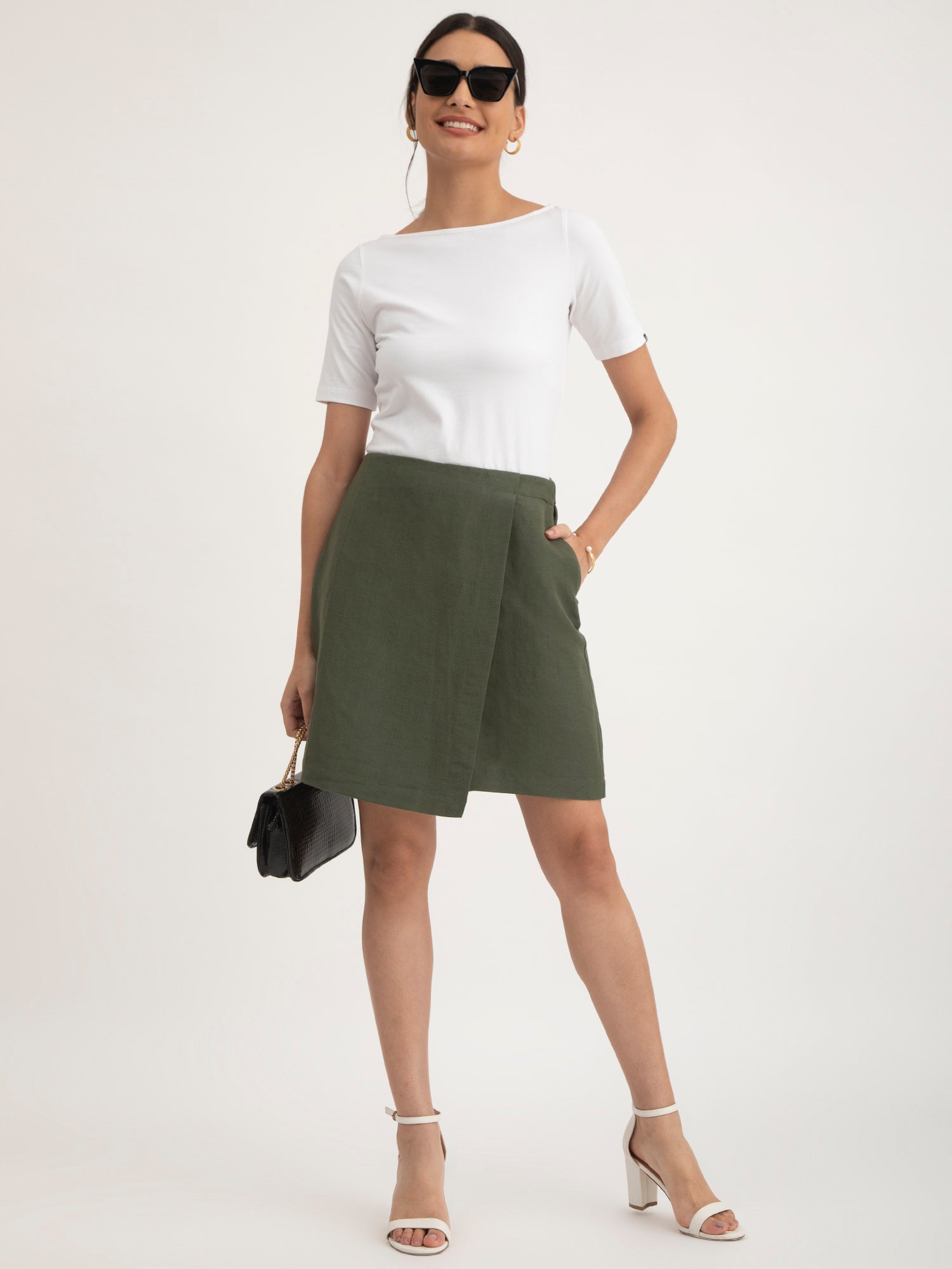 Cotton Front Overlap Panel Skort - Olive