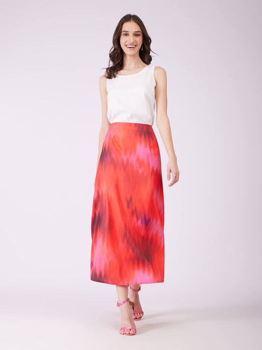 Stretch Satin Ombre Midi Skirt - Red And Pink