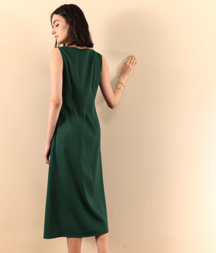 Boat Neck Side Keyhole A-Line Midi Dress -Dark Green