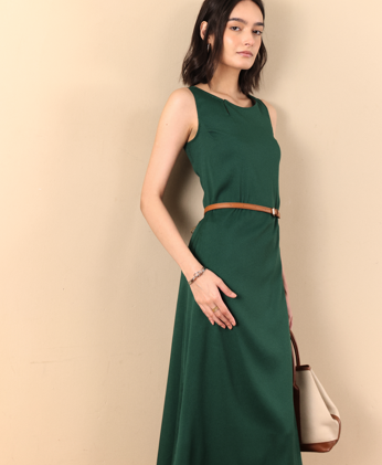 Boat Neck Side Keyhole A-Line Midi Dress -Dark Green