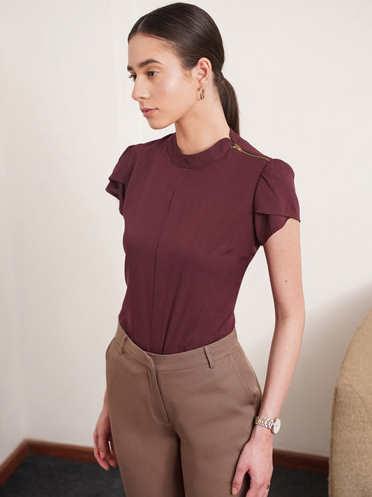 Collared Zipper Top - Maroon