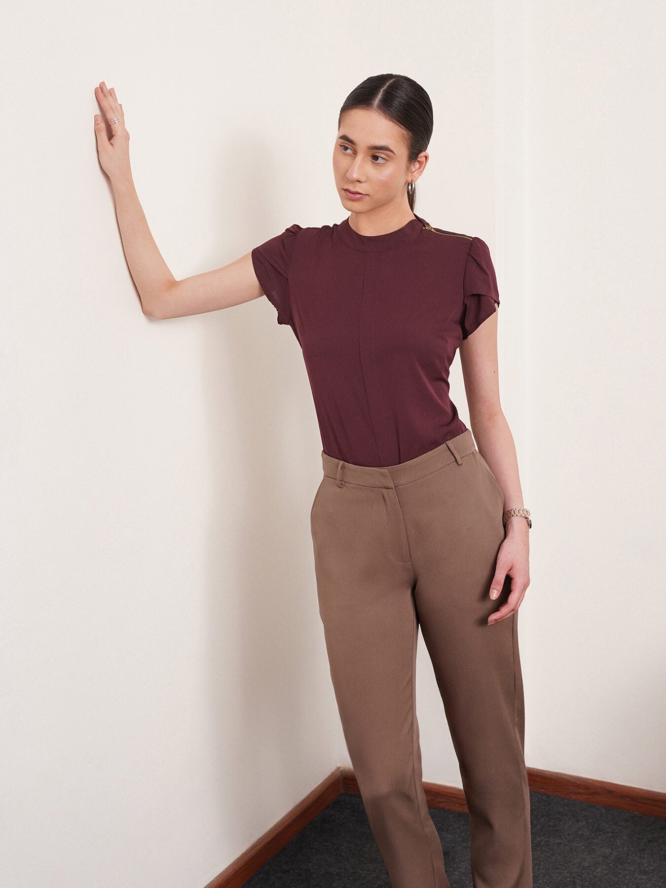 Collared Zipper Top - Maroon