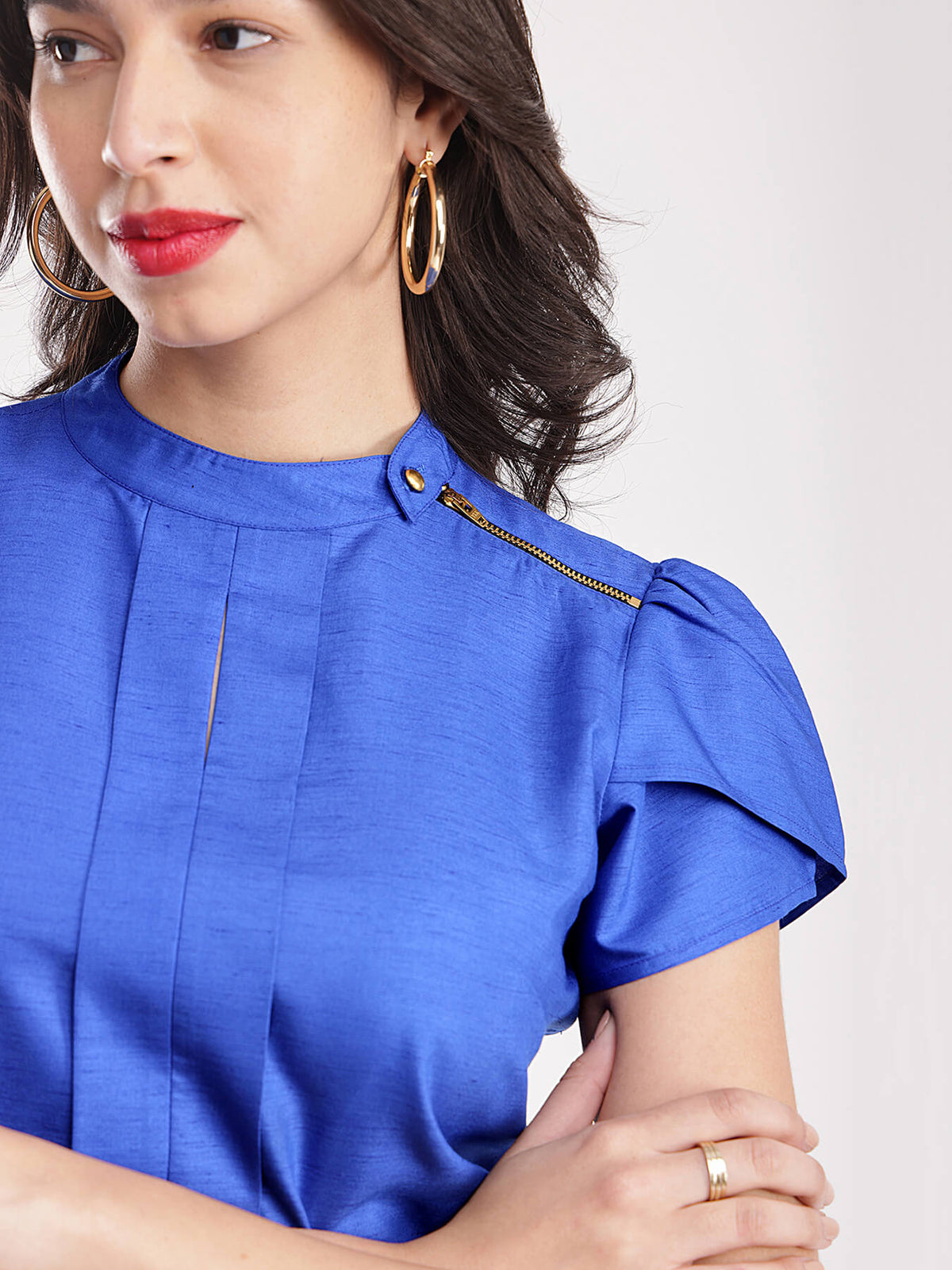 Round Neck Pleated Top - Royal Blue