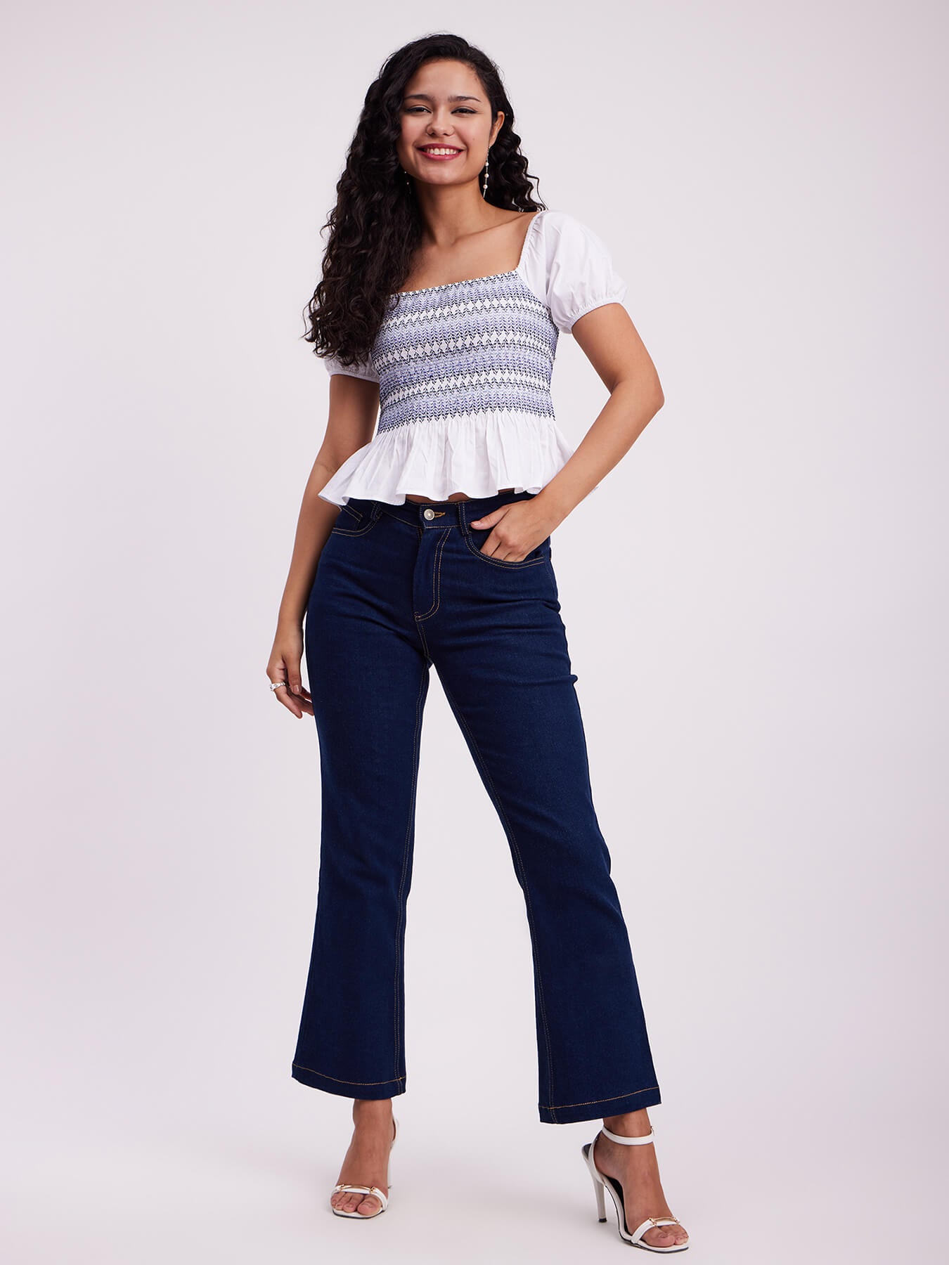 Smocked Puff Sleeves Top - White