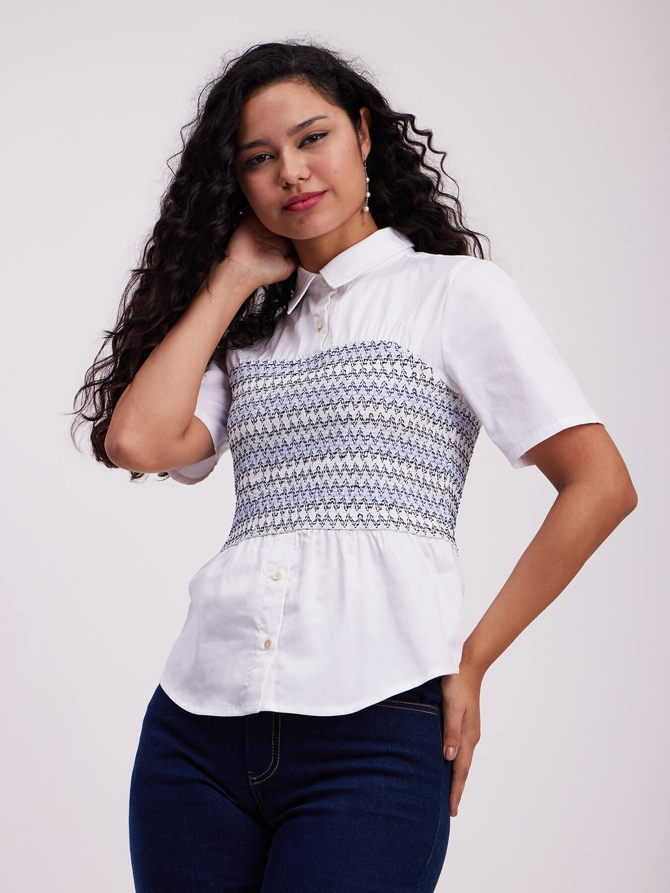 Smocking Shirt Top - White