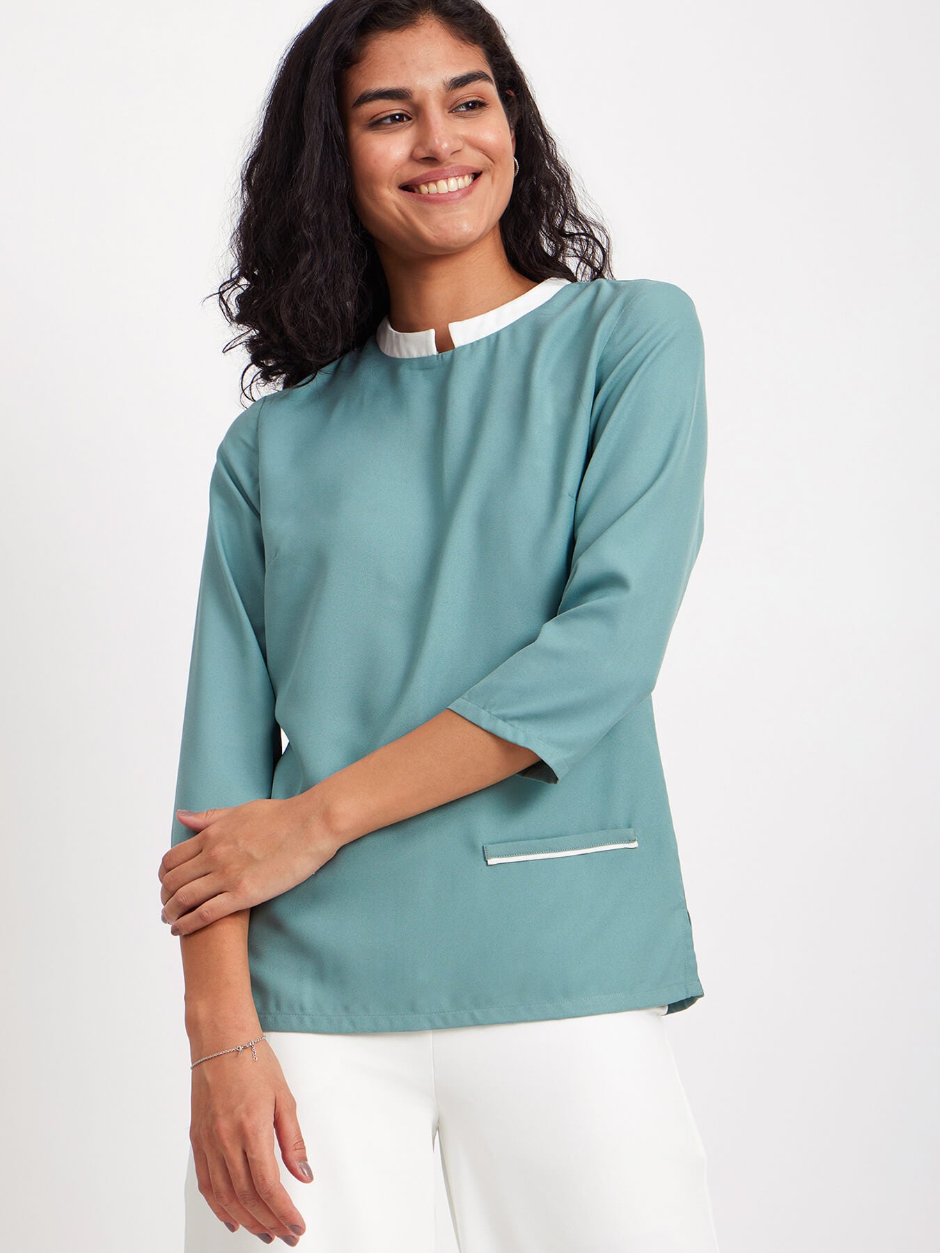 Mandarin Neck Colour Block Top - Green And White