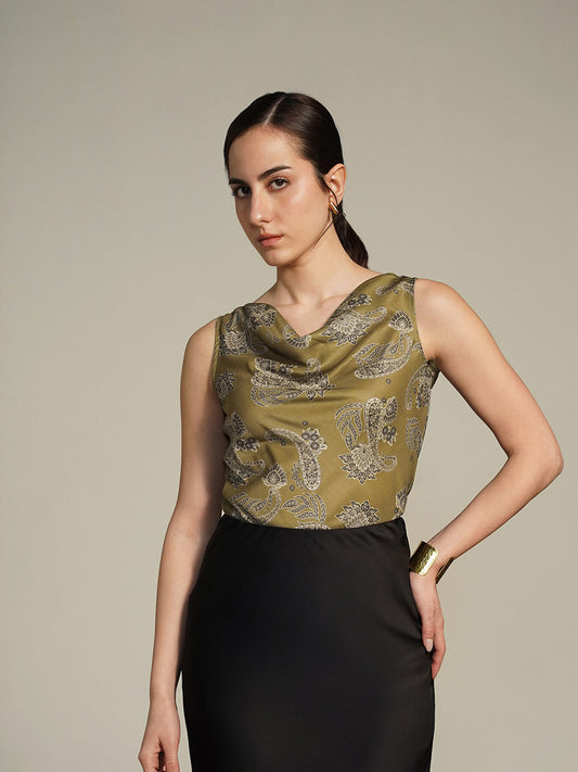 Printed Cowl Neck Top - Green