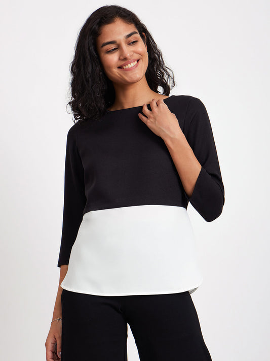 Boat Neck Colour Block Top - Black And White