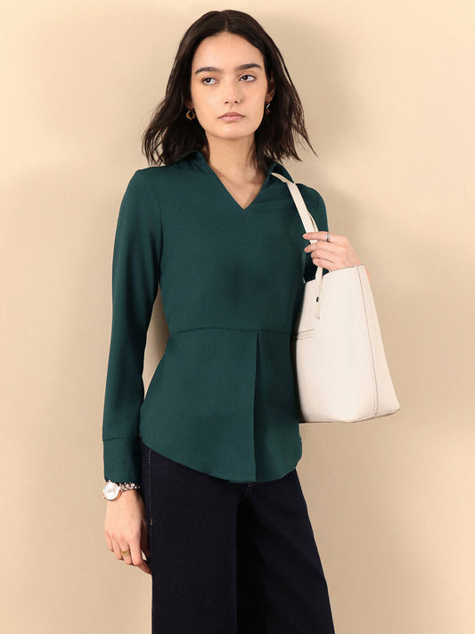 Collared V Neck Full Sleeve Top - Dark Green