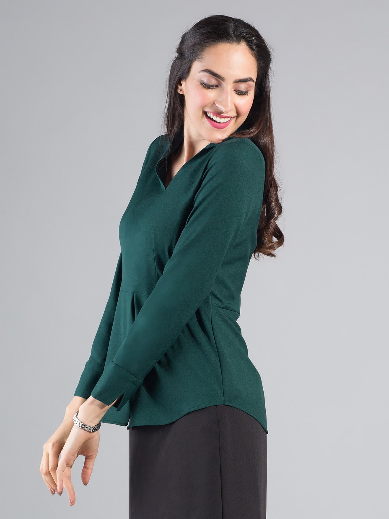 Collared V Neck Full Sleeve Top - Dark Green