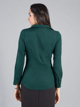 Collared V Neck Full Sleeve Top - Dark Green