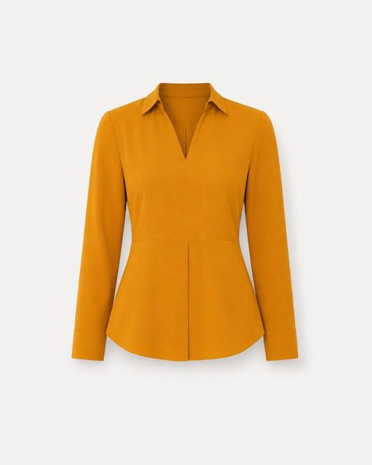 Collared V Neck Top - Mustard