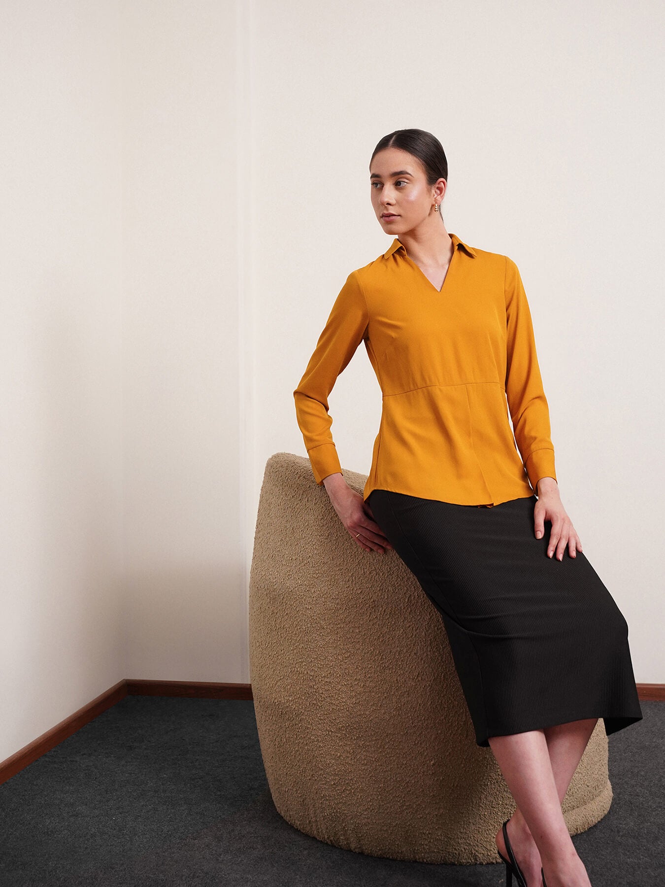 Collared V Neck Top - Mustard