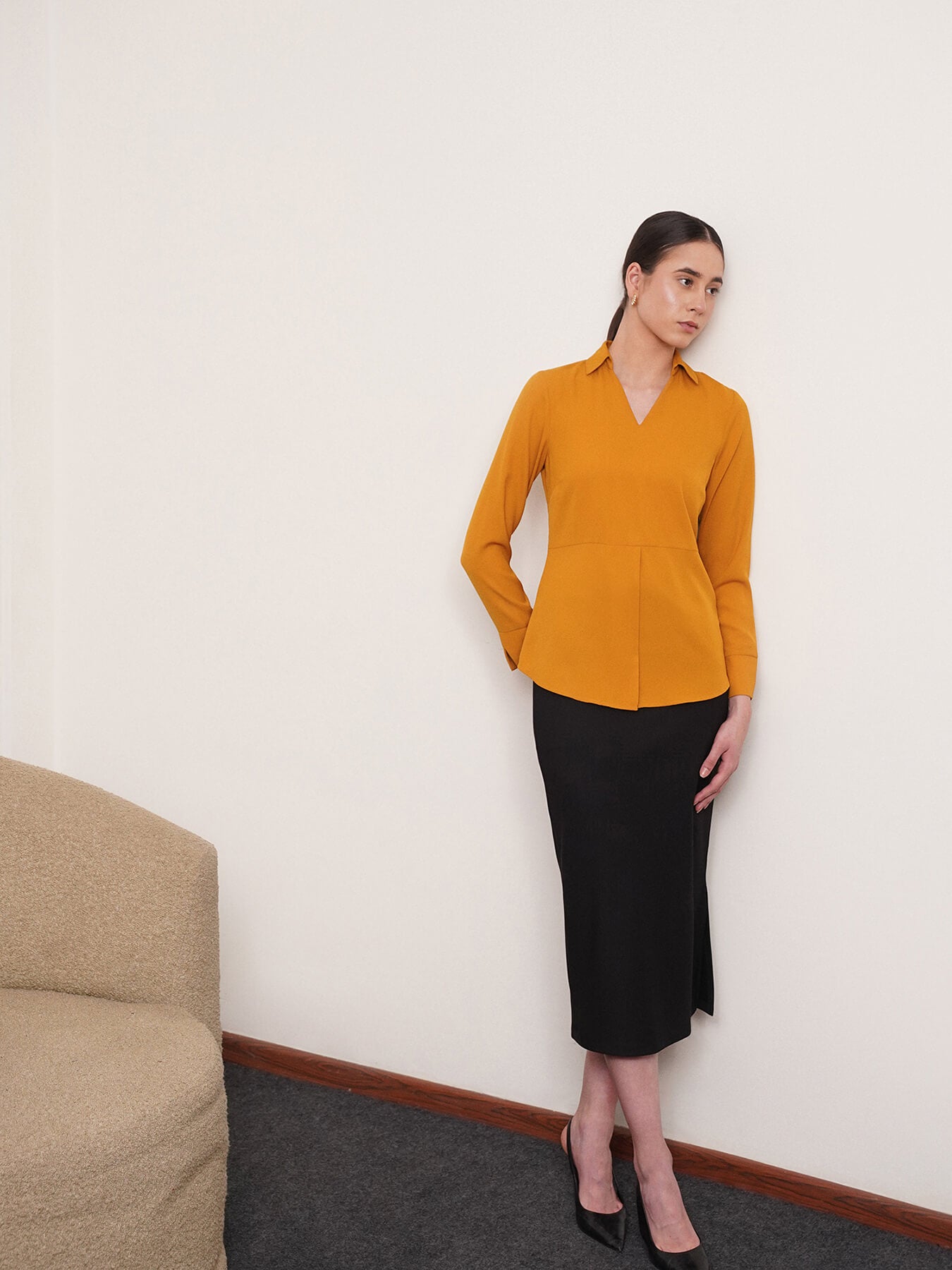 Collared V Neck Top - Mustard