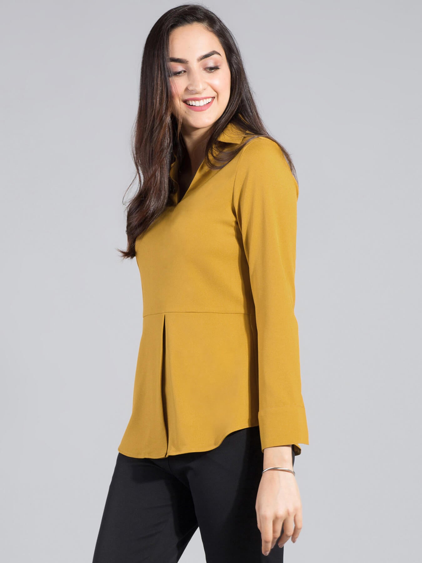 Collared V Neck Top - Mustard