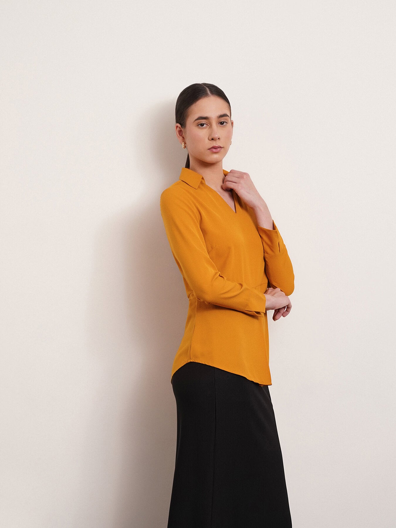 Collared V Neck Top - Mustard