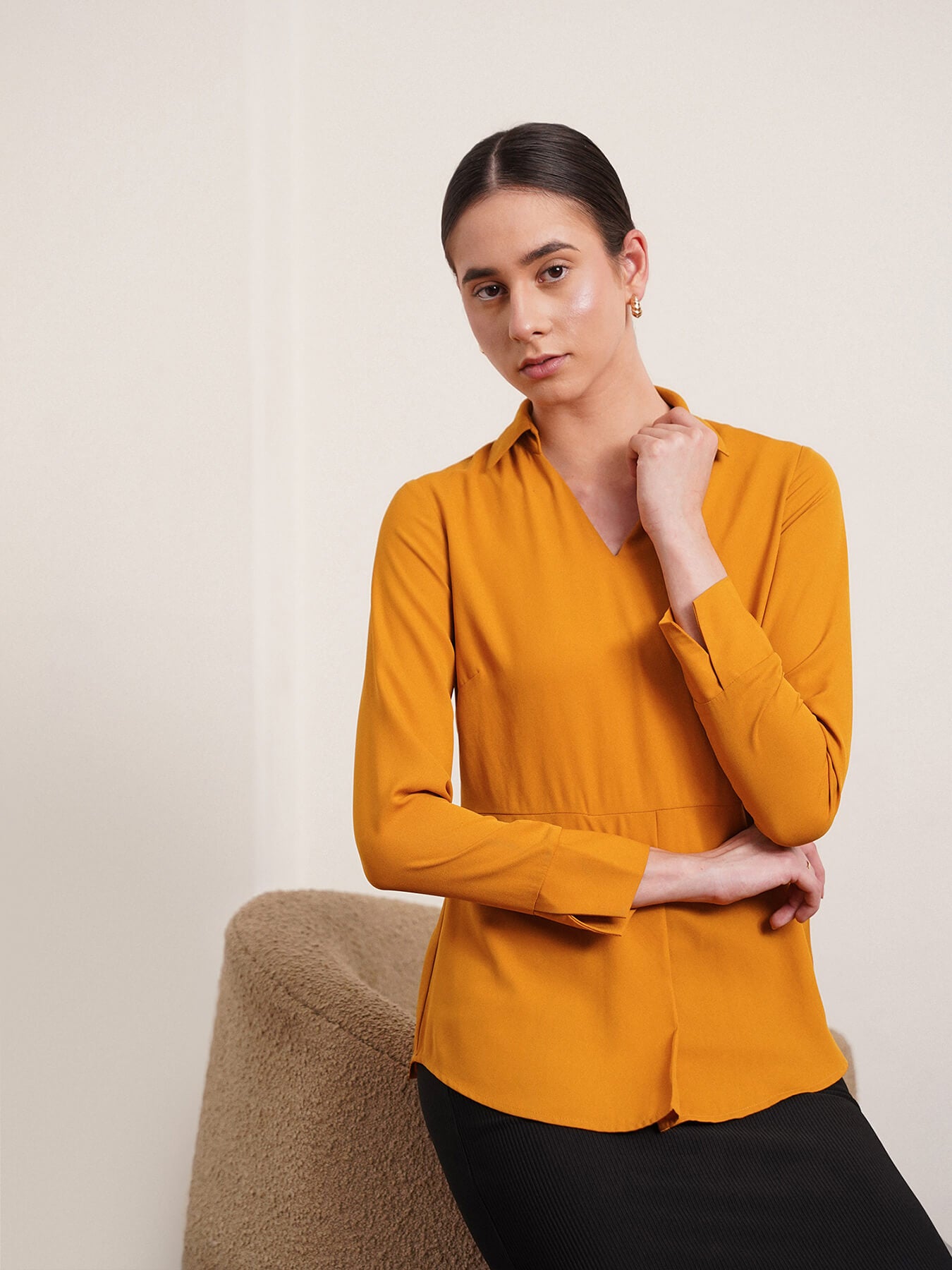 Collared V Neck Top - Mustard
