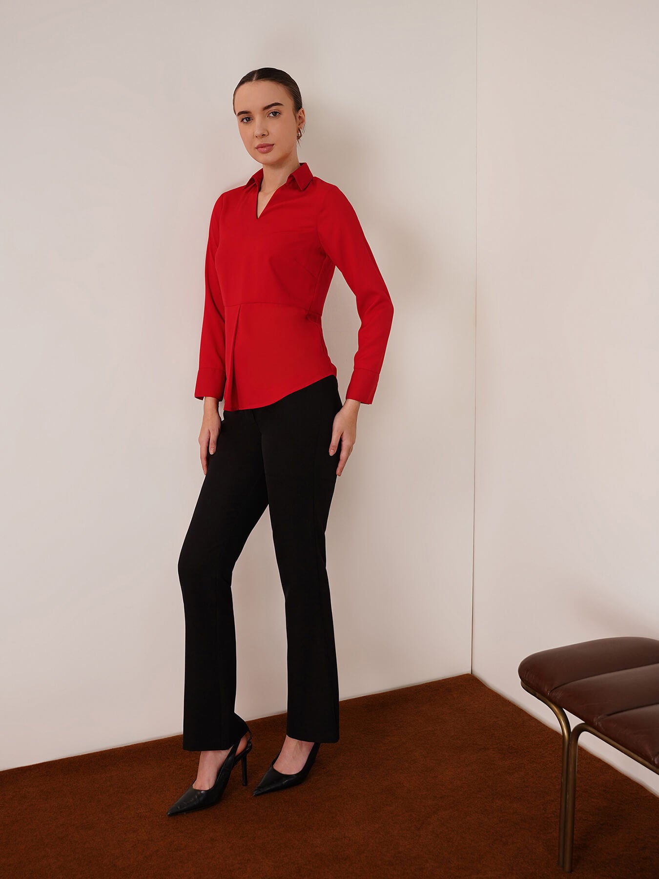 Surplice Neck Pleated Top - Red