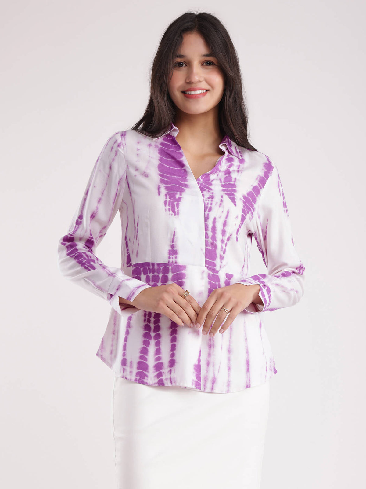 Collared V Neck Top - White And Lavender