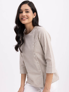 Cotton Yarn Dyed Top - Beige And Off White