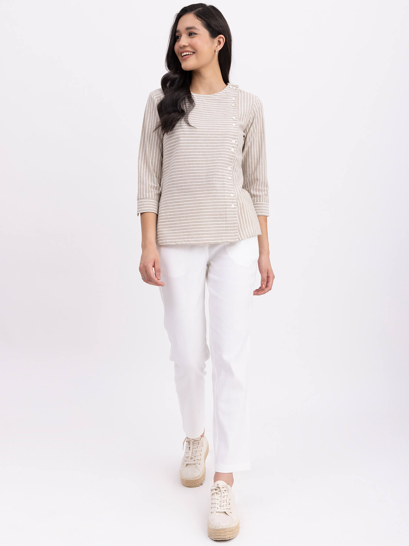 Cotton Yarn Dyed Top - Beige And Off White