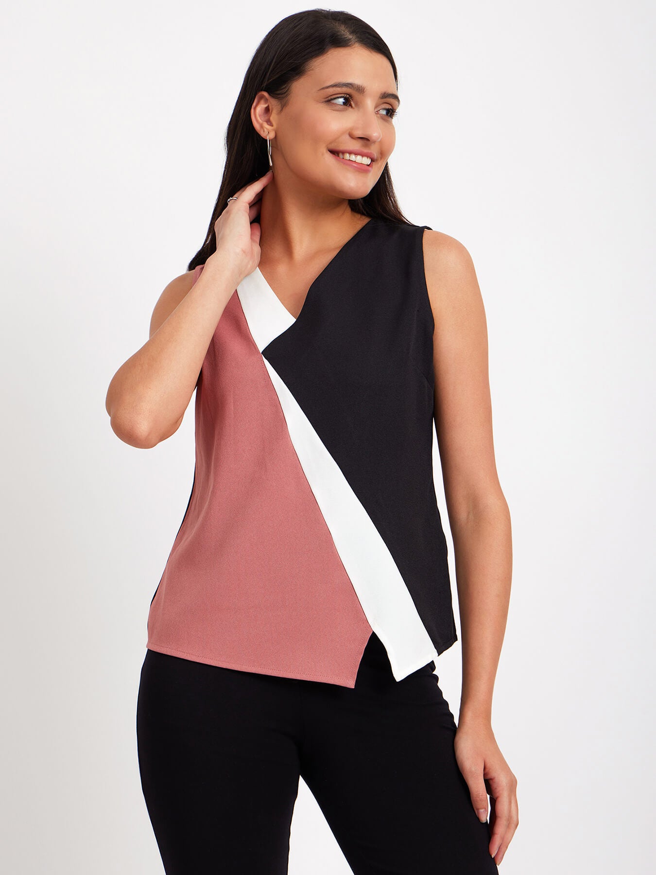 Asymmetric Hem Colour Block Top - Pink And Black