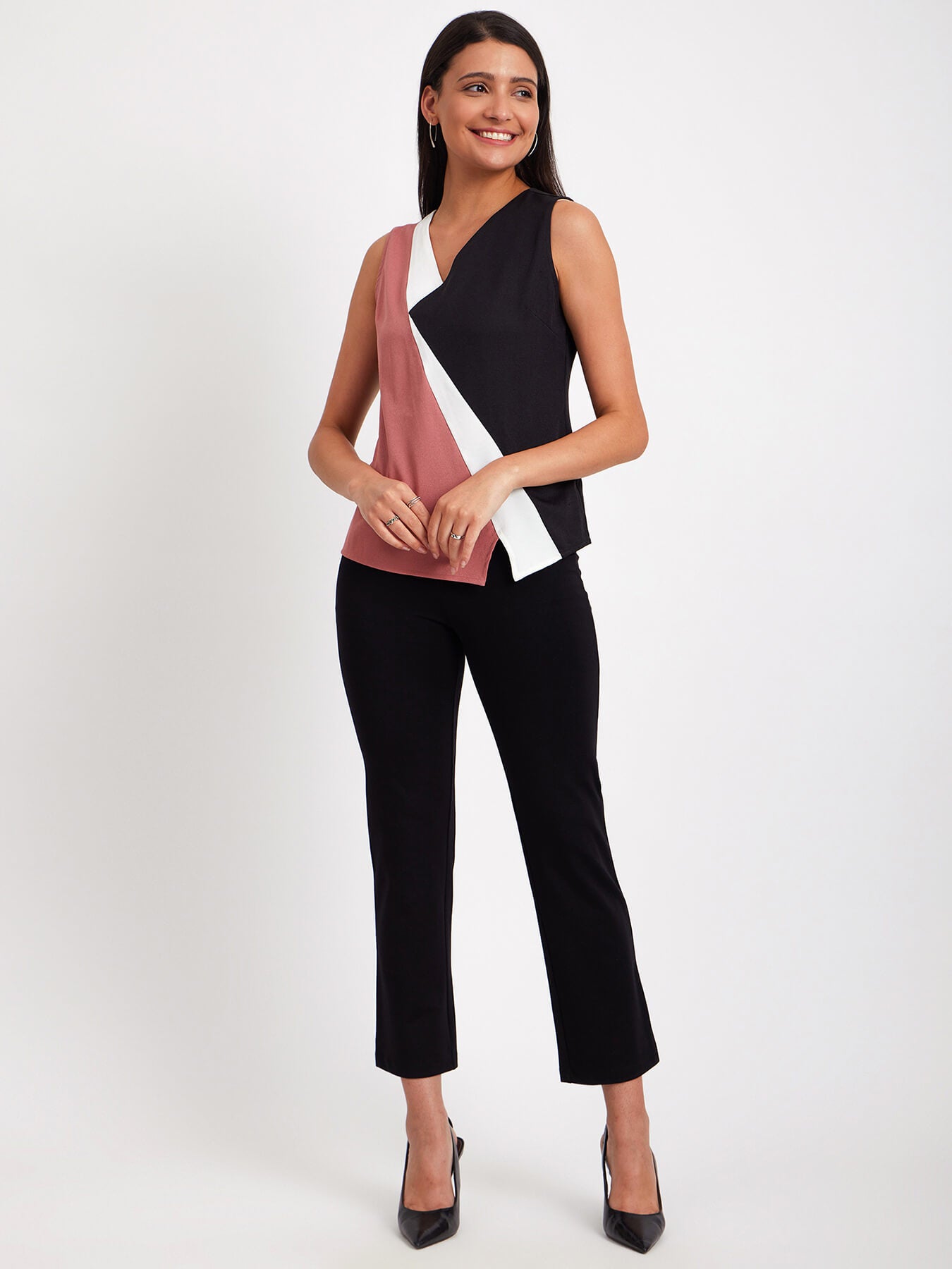 Asymmetric Hem Colour Block Top - Pink And Black