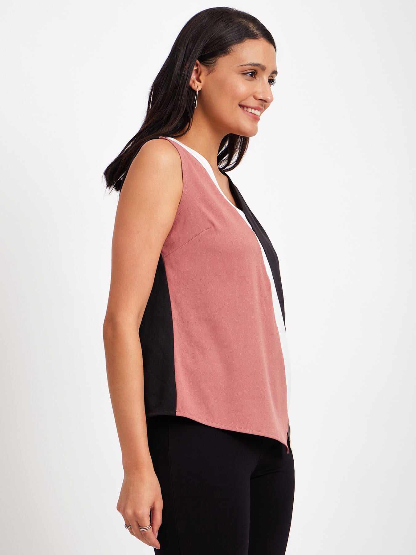 Asymmetric Hem Colour Block Top - Pink And Black