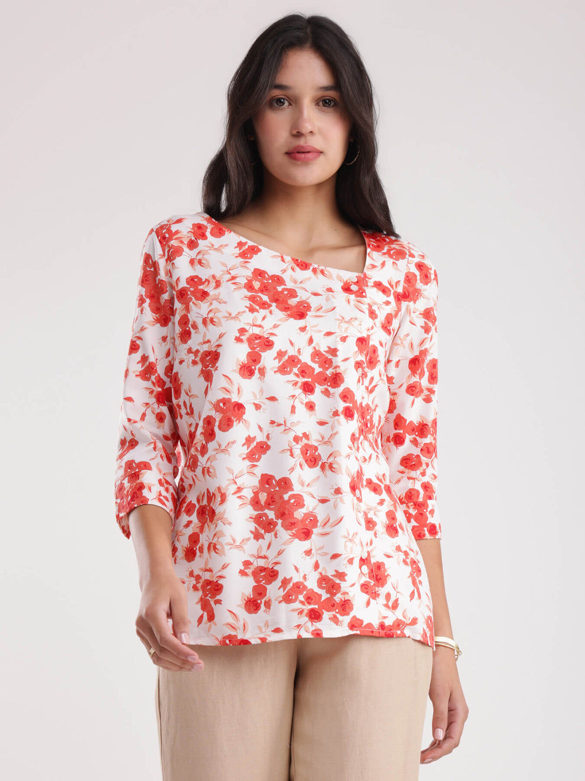 Cotton Floral Top - White And Red
